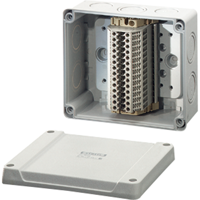 RK 9064 - Коробка ответвительная , IP 55 (ESM) / IP 65 (AKM), размер 139х119х70, цвет серый, опрессовка на 10 вводов М25/32, 14 клемм  1,5-4 кв. мм