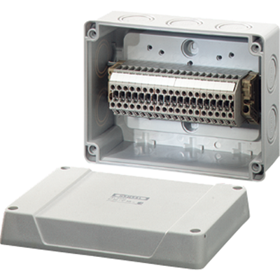 RK 9109 - Коробка ответвительная , IP 55 (ESM) / IP 65 (AKM), размер 125х167х82, цвет серый, опрессовка на 10 вводов М25/32, 19 клемм 1,5-4 мм.кв 